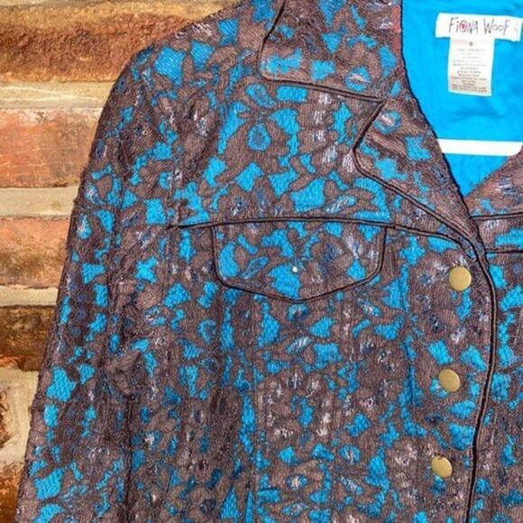 Fiona Woof Metallic Brown Blue Lace Blazer Jacket Women's Size 6 - Picture 4 of 9